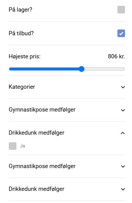 JEVA produktfilter