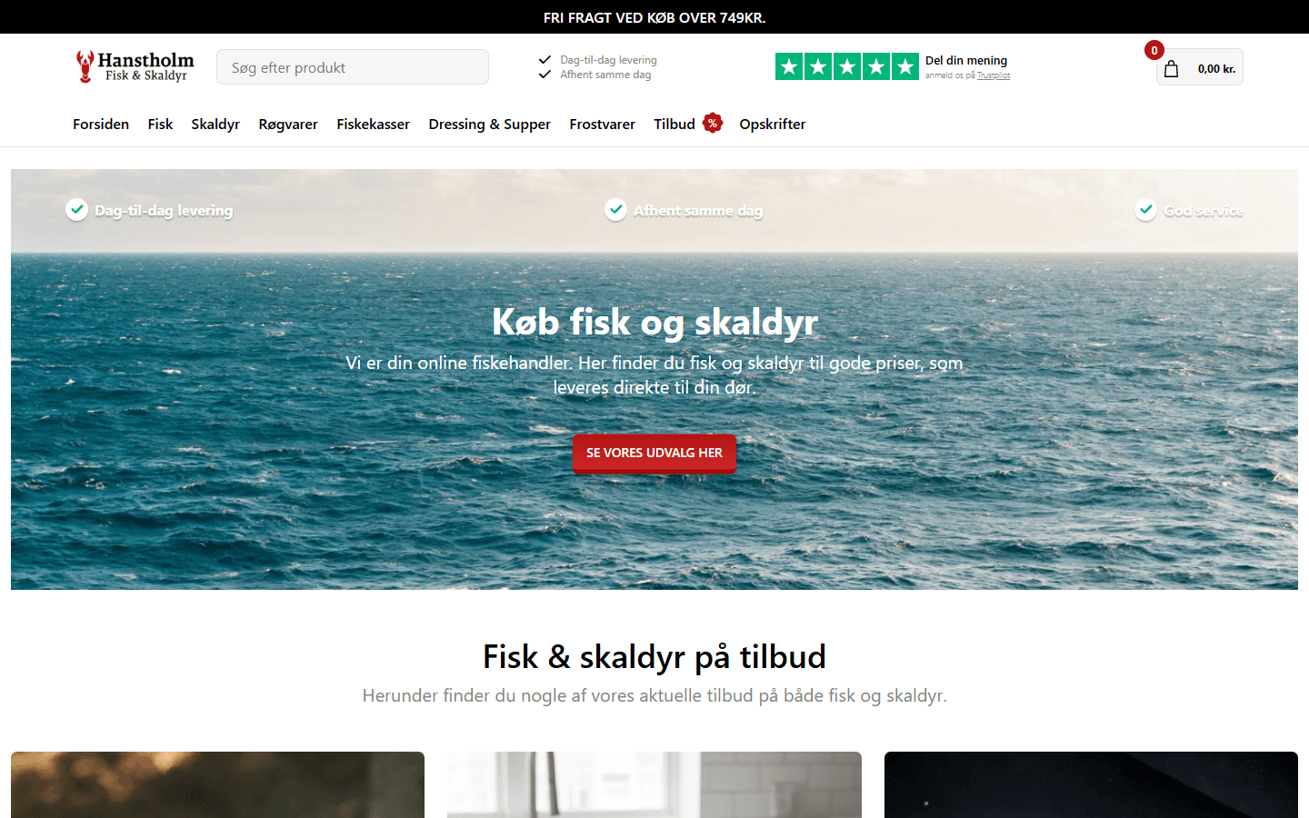 Hanstholm Fisk & Skaldyr forside på desktop